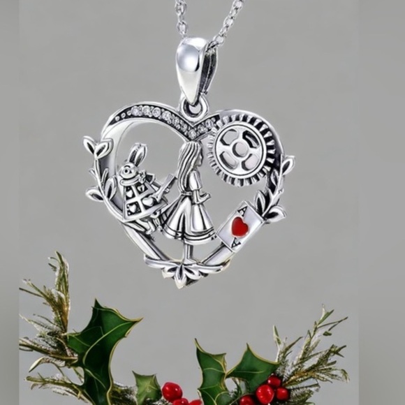 Alice In Wonderland Necklace Pendant and Chain Women’s Silver Tone Red Heart - Picture 12 of 16